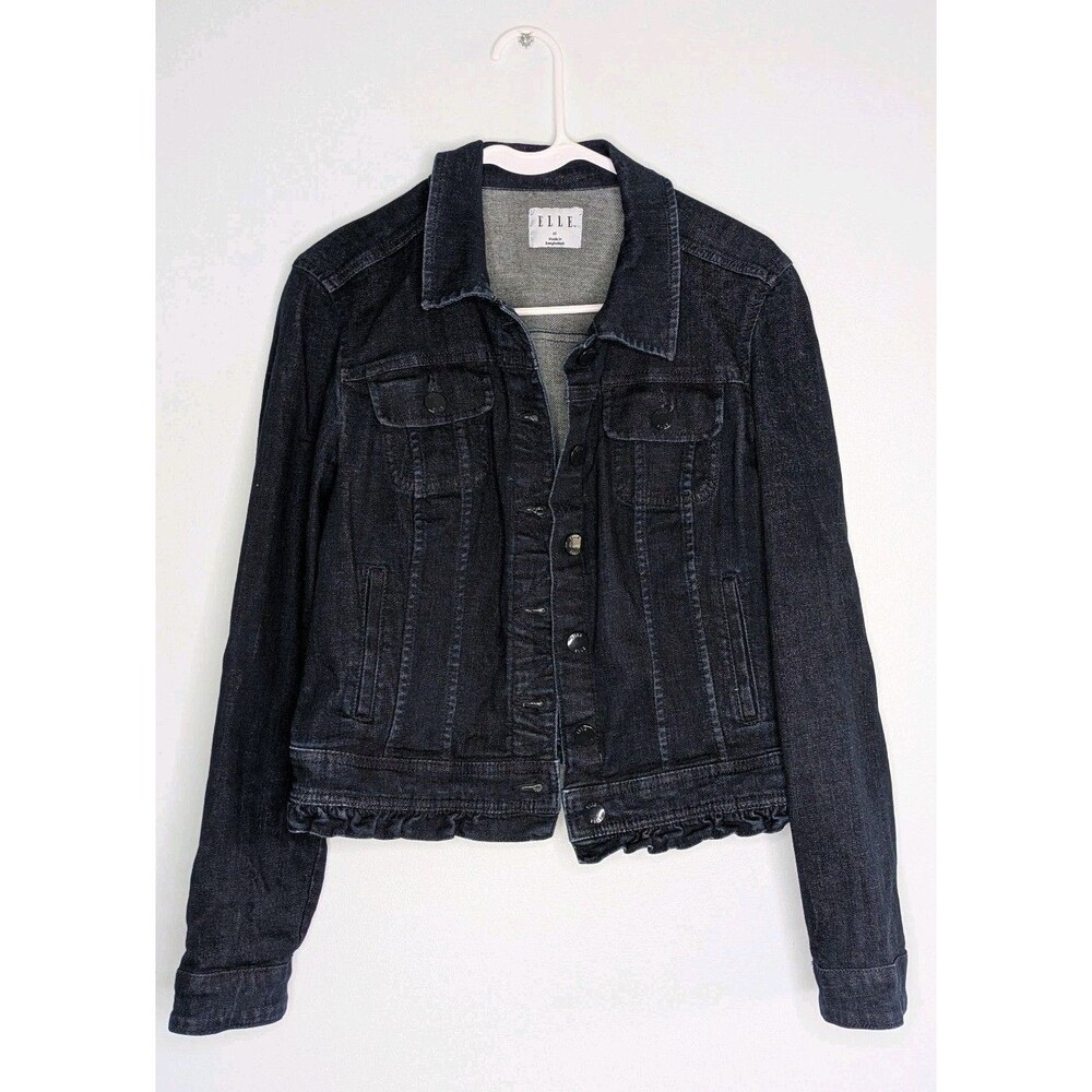ELLE Dark Wash Denim Jacket Ruffle Hem Cropped Jean Trucker Coat Women’s M